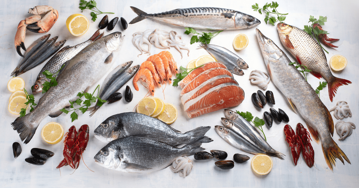 Plate full of seafood. The food choices available to obtain the benefits of fish naturally.