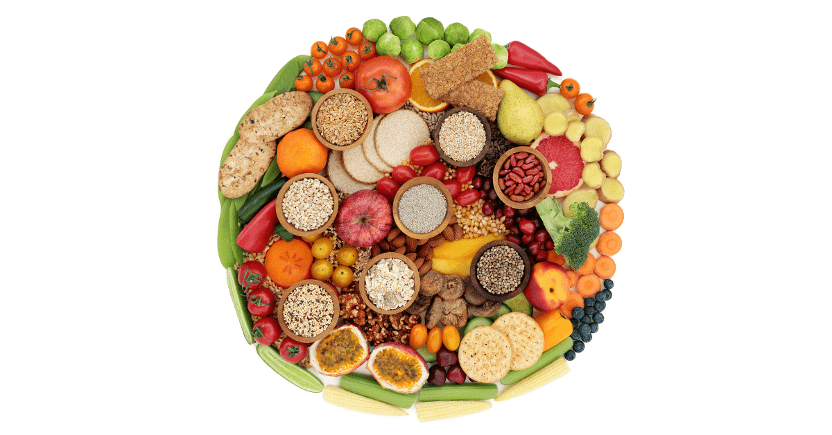 Plate full of dietary fibre-rich food in a circle